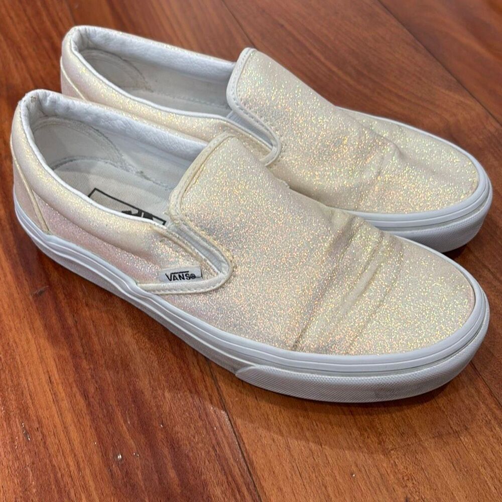 Vans Classic Slip-On Iridescent Glitter Cream White Sneakers Women’s Size 7